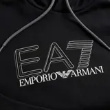 Buzo con capucha de algodón color negro, con bolsillo frontal tipo canguro y logo EA7 Emporio Armani estampado en el pecho con efecto lineal en color blanco.