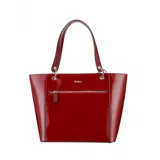 Cartera tipo tote Terrano de charol rojo con doble asa de mano, cierre superior y bolsillo frontal con cremallera. Interior forrado con bolsillos organizadores.