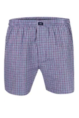 Calzoncillo tipo bóxer de tela a cuadros, en tonos azul marino, verde y blanco, con cintura elástica y pequeña etiqueta con logo en la parte central.