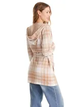 Cardigan de tejido de punto con estampado a cuadros, diseño con capucha, bolsillos frontales y lazo de ajuste en la cintura.