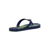 Chinelas de goma azul marino con estampado de palmeras en gris y detalles en amarillo flúor.
