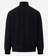 Campera bomber azul con cuello alto, cierre frontal con cremallera, bolsillos laterales y puños y cintura elastizados.