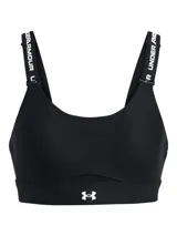 Top deportivo de alto soporte Under Armour, diseñado para actividades de alta intensidad. Presenta un diseño en color negro con tirantes elásticos ajustables que incluyen el logo de la marca, y una banda inferior con el logo de Under Armour. Cuenta con almohadillas moldeadas y panel frontal de malla para mayor transpirabilidad.