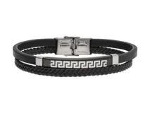 Pulsera de doble tira para hombre, con una tira de cuerina trenzada y otra lisa. Cierre de acero inoxidable y aplique central con diseño de guarda griega.