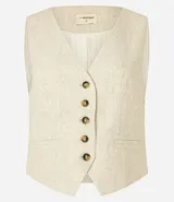 Chaleco femenino confeccionado en viscolino celeste, con escote en v, cierre por botones contrastantes y bolsillos delanteros.