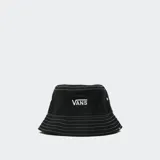 Gorro tipo bucket negro de algodón con logo de Vans bordado en blanco en el frente y costuras horizontales blancas en el ala.