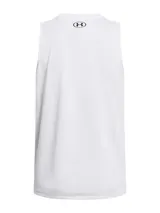 Musculosa deportiva Under Armour de color blanco, modelo Tech Tank Solid, confeccionada en tejido ultrasuave de secado rápido con logo impreso en el pecho.