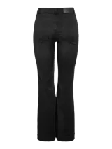 Jeans flare de tiro alto, color negro, con diseño acampanado en las piernas y cierre frontal de botón y cremallera.
