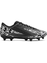 Championes de fútbol Under Armour modelo Shadow Select 3 FG, con diseño en blanco y negro de patrón digitalizado, cordones negros y suela con tapones cónicos para superficies de césped natural firme.