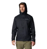 Campera impermeable Columbia modelo Watertight II, color negro, con capucha ajustable, cierre frontal con solapa, bolsillos laterales con cierre y puños ajustables. Cuenta con tecnología Omni-Tech para mayor transpirabilidad y protección contra la lluvia.