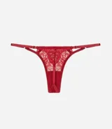 Bombacha colaless color rojo de la marca Lov, modelo string con tiras finas regulables y diseño delantero de encaje floral con transparencias.
