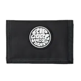 Billetera Rip Curl Icons Surf de color negro, con cierre plegable y parche circular de goma con el logo de la marca en el frente.