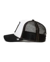 Gorra trucker Goorin Bros con visera curva negra, panel frontal blanco y red trasera negra. Cuenta con un parche bordado de un león en el frente y cierre ajustable snapback.
