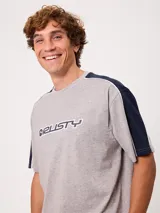 Remera de manga corta Rusty, color gris melange con detalles en azul marino y blanco en los hombros y mangas, y estampa frontal de la marca.