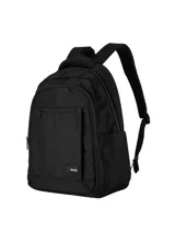 Mochila urbana Terrano color negro, con diseño minimalista y estructura resistente. Cuenta con tres compartimentos con cierre, espacio interior acolchado para laptop y cinta posterior para enganchar a valijas.