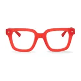 Lentes de marco cuadrado con acabado mate en color rojo vibrante. Presentan un diseño moderno con detalles metálicos en las esquinas del frente.