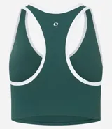 Top deportivo Get Over color verde con espalda nadador, escote en V, detalle de bies contrastante en blanco y copas removibles. Confeccionado en microfibra de poliamida y elastano.