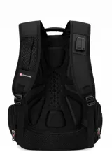 Mochila urbana Swissgear de color negro, con múltiples compartimentos con cierre, correas ajustables y asa superior reforzada. Presenta el logo de la marca en la parte frontal.
