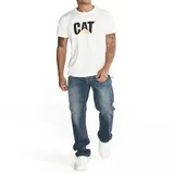 Pantalón de jean de corte recto, color azul medio, con cinco bolsillos y logo CAT en la parte trasera. Confeccionado en algodón, poliéster y spandex.