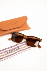 Lentes de sol polarizados con armazón transparente y patillas de madera, con cristales oscuros.