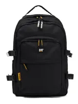 Mochila urbana Caterpillar modelo Sao Paulo, color negro con detalles en amarillo. Cuenta con múltiples compartimentos, bolsillo acolchado para laptop, correas de compresión laterales y correas de hombro ajustables.