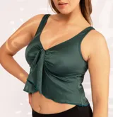 Top de bikini color verde esmeralda, con escote en V y nudo central.