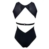 Bodysuit negro confeccionado con paneles de malla transparente, escote redondo con detalle de red en V y tira ajustable con hebilla en la cintura.