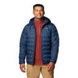 Campera de pluma azul marino con capucha, confeccionada con tecnología HeatSeal sin costuras para mayor retención de calor. Cuenta con forro termorreflectante Omni-Heat, tratamiento repelente al agua y manchas Omni-Shield, cierre frontal completo y bolsillos laterales con cremallera.
