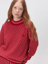Sweater de punto jacquard con diseño de textura geométrica en tonos rojos. Presenta cuello redondo alto y puños acanalados, con un corte holgado y cómodo.