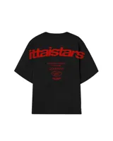 Remera celeste de corte holgado con estampado en rojo en la espalda con el texto "ittaistars", "European Tour by Ittai Stars Company" y el logo de la marca.