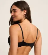 Conjunto de dos corpiños triangulares sin aro, uno negro y otro gris jaspeado, confeccionados en microfibra ligera con breteles finos ajustables.