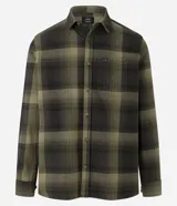 Camisa de manga larga con diseño de cuadros en tonos marrones, confeccionada en algodón. Presenta cuello camisero, cierre frontal con botones y un bolsillo en el pecho con botón.