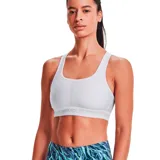 Top deportivo Under Armour de soporte medio, color negro, con diseño de espalda cruzada y banda elástica inferior con el logo de la marca estampado.