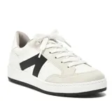 Zapatillas deportivas blancas con detalles plateados y logo de la marca en el lateral.