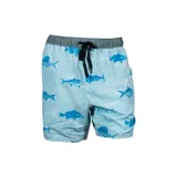 Short de baño celeste con estampado de peces en azul y cintura elástica con cordón de ajuste negro.