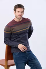 Remera de manga larga con cuello redondo, diseño a rayas horizontales en tonos beige, verde oscuro y gris. Confeccionada en algodón y poliéster.