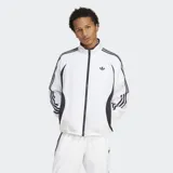 Campera deportiva Adidas Adicolor Teamgeist blanca con detalles en negro, cierre frontal, cuello alto, bolsillos laterales y las tres tiras características de la marca en las mangas.