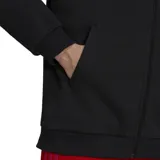 Campera Adidas Essentials de mujer, color negro, con capucha y cierre frontal. Logo de Adidas bordado en blanco en el pecho.