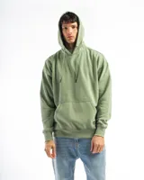 Buzo canguro negro con capucha, bolsillo frontal y corte oversized. Confeccionado en felpa de algodón y poliéster, con rib en puños y ruedo.