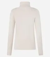 Suéter de punto color borgoña, con cuello alto estructurado y mangas largas.