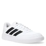 Championes urbanos Adidas modelo Courtblock, color blanco con las icónicas tres tiras laterales en negro. Presentan un diseño de corte bajo con cierre de cordones, puntera perforada para mayor ventilación y suela de goma resistente.