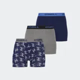Calzoncillos tipo bóxer de la marca O'Neill, color azul marino con estampado de logotipos y gráficos en color blanco. Presenta una cintura elástica ancha en color gris con el nombre de la marca en azul.