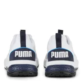 Championes Puma Anzarun 2.0, color blanco con detalles en azul claro y azul marino. Presentan un diseño de malla transpirable, cordones blancos, logo de Puma en negro en el lateral y suela de goma con amortiguación.