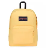 Mochila Jansport Superbreak Plus color amarillo, con un compartimento principal con cierre, un bolsillo frontal con cierre, un bolsillo lateral para botella de agua y un asa de mano en la parte superior.