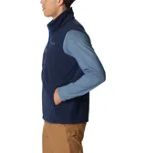 Chaleco de forro polar azul marino con cierre frontal completo, cuello alto, bolsillo vertical con cierre en el pecho y bolsillos laterales con cierre. Presenta el logo de la marca bordado en el pecho.