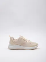 Zapatilla acordonada color beige de tela tejida con plataforma texturada de 4 cm de alto.