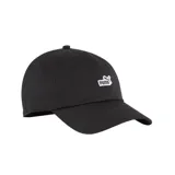 Gorro Puma Ess negro con logo bordado en blanco. Diseño desestructurado de seis paneles con ojales bordados, visera curva y cierre trasero ajustable con velcro.