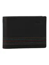 Billetera de cuero marrón oscuro, estilo clásico plegable, con costuras decorativas en tonos verde azulado, rojo y marrón claro en la parte inferior. Presenta un logo grabado en relieve en la esquina superior derecha.