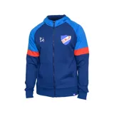 Campera con capucha del Club Nacional de Football, color azul con mangas celestes y detalles en rojo. Presenta el escudo del club en el pecho y cierre frontal con cremallera.