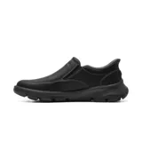 Zapatos casuales Skechers sin cordones, color negro, confeccionados en cuero sintético, con tecnología Arch Fit y soporte en el talón.